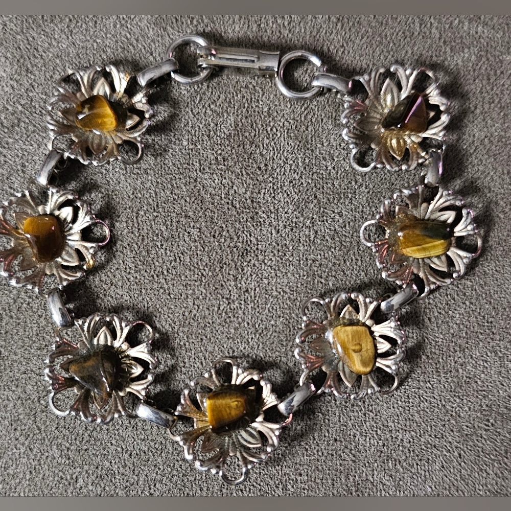 Vintage Tiger's Eye Polished Natural Gemstone Silver Tone Link Bracelet Retro